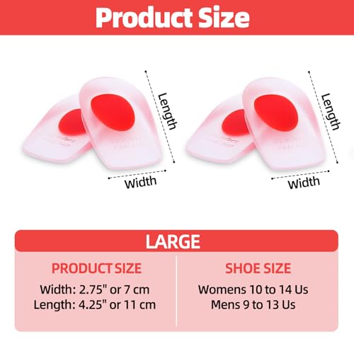 Image of Gel Silicone Heel Cups /Pads - 2 Pair Heel Lifts for Plantar Fasciitis,Heel Pain Shoe Inserts Heel Protectors,Achilles Tendonitis,Comfort Cushion Insoles for Women /Men(Red,Large)