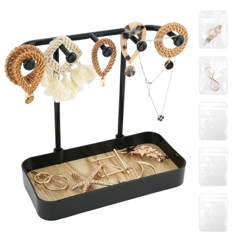 SHILIPAIJC Présentoir à Bijoux avec 5 sacs à bijoux, Porte Bijoux Femme avec Plateau, Porte Boucle D'oreille pour Collier, Bracelet, Pinces, Bagues et Regarder, Cadeaux pour Filles Femmes (Noir)
