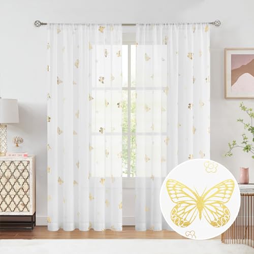 Jubilantex Butterfly White Sheer Curtain Panels for Kids Nursery Girl, Gold Print Toddler Linen Textured Voile Rustic Rod Pocket Drapes 84 Inch for...