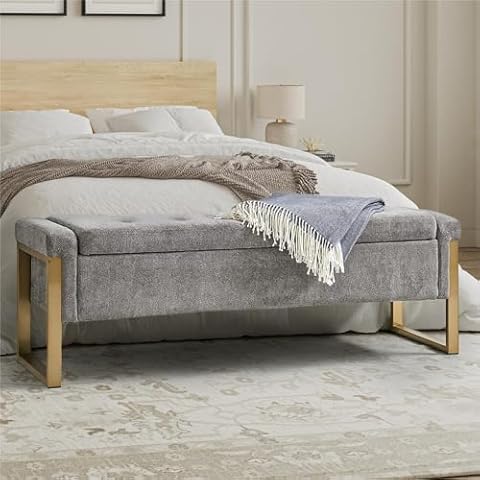 EcoHarbor Modern End of Bed Bench, Storage Ottoman Bedroom Bench with Gold Metal Legs, Upholstered Footrest Stool for Living, Entryway, Dining Room and Hallway(Grey 55inch) Cover