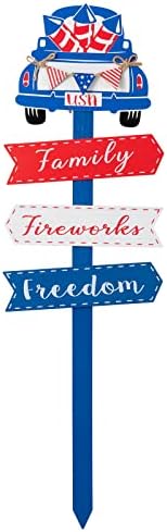 4th of July Decorations for Home, DECSPAS 36" Decorative Garden Stakes Blue Truck Ornaments USA Sign Patriotic Fourth of July Decor, Family Fireworks Freedom Sign 4th of July Decorations Outdoor