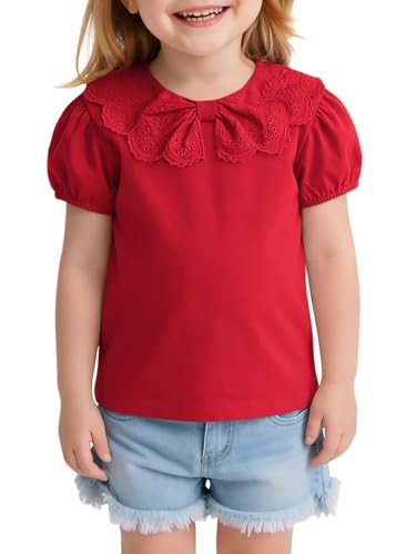 Lista de Blusas de Moda para Niña los más recomendados. 48 Camisetas de encaje con cuello de Peter Pan para niña pequeña, lindas blusas de manga corta abombadas, camisetas casuales de 9 a 8 años, Rojo, 1-2 Años
