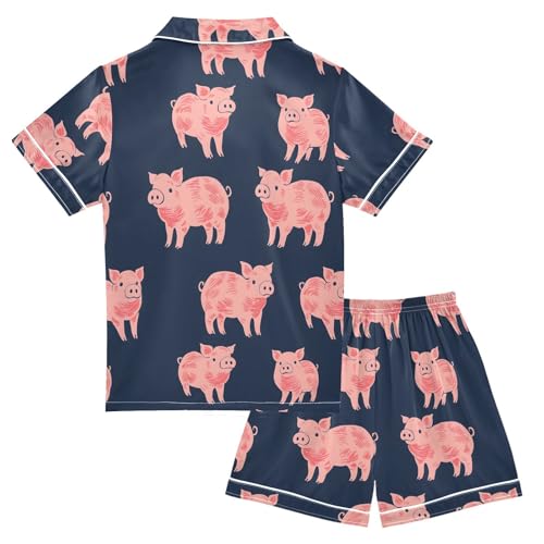 ALAZA Blue Pig Cartoon Satin Pajamas Set Short Sleeve Button Down Sleepwear Summer Pjs 2 Piece2