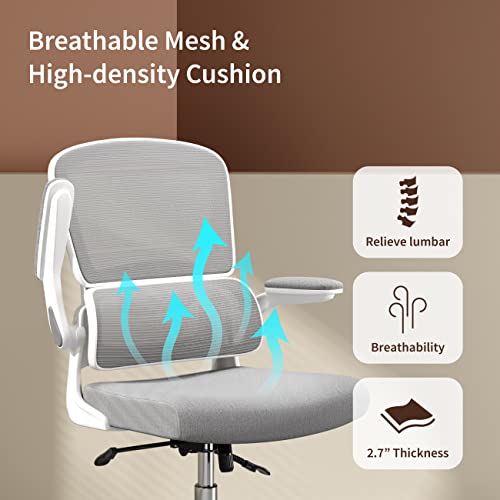 Logicfox Ergonomic Office Chair, Comfortable Office Chair With Flip-Up Arms, Adaptive Lumbar Support, Mesh Computer Chair With Thick Cushion, White Office Desk Chair With 90°-130° Tilt Function #TOP4