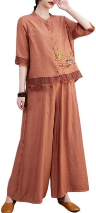 Women Embroidered Two Piece Set Cotton Linen Top Pants Loose Fit Summer Outfit