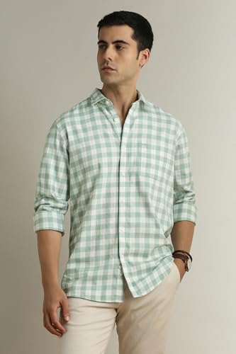 Image of Peter England Men's Checkered Cotton Shirt | Smart Casual | Full Sleeves Slim Fit