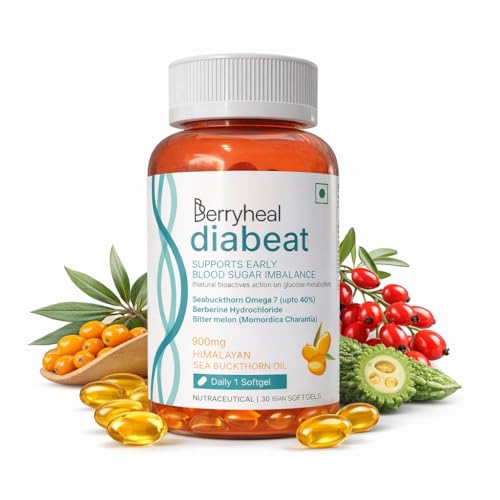 Diabeat, 900mg | Supports Healthy Glucose Metabolism & Helps Balance Early-stage Blood Sugar Levels | 40% Supercritical Seabuckthorn Omega 7, Berberine 250mg & Charantin 150mg| 100% Vegan| 30 Capsules