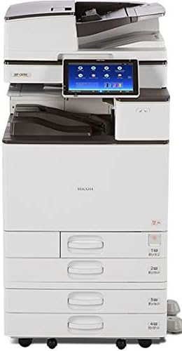 Ricoh Aficio MP C3004 Color Laser Multifunction Copier with stand and multiple paper trays.
