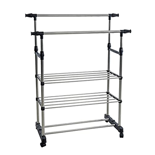 ESTEXO Garderobenständer Kleiderständer Kleiderstange Wäscheständer Rollenständer Rollgarderobe Metall Ablage ausziehbar mobil 80-150x43x90-160 cm