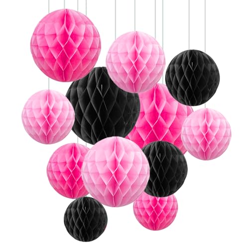 Image of ZOOYOO 12Pcs 6 inch 10 inch Honeycomb Balls Decorations Hanging Tissue Paper Pom Poms for Girls Birthday Party Halloween Wedding Decorations(Pink Black)