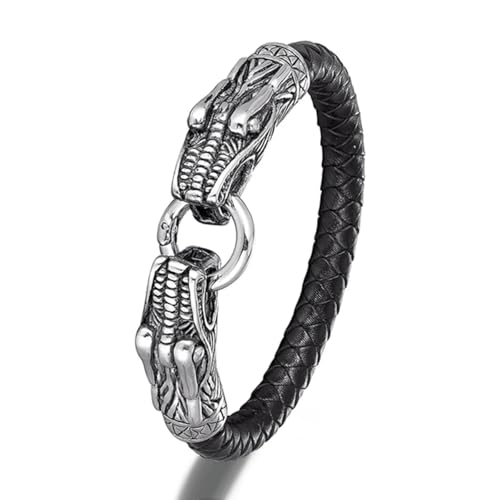 Bracelet dragon viking pour homme en cuir tressé et acier de style punk