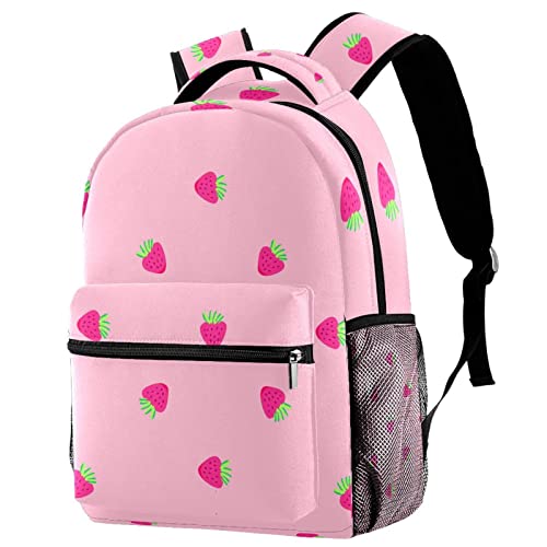 Mochila para portátil de fresas fondo rosa con acabados premium y diseño ergonómico