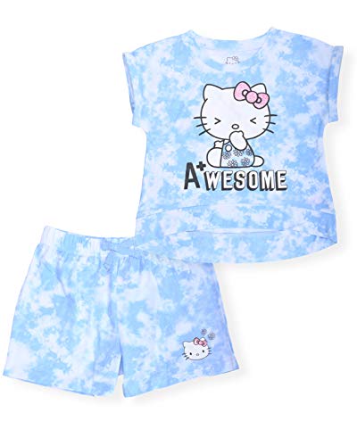 Hello Kitty Girls 2-Piece Fashion Tee Shirt And Active Short Set With Tie Front Top And Fashion Dolphin Shorts Summer Clothes For Little Girls (Light Blue, 6X) #TOP10