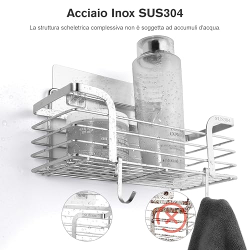 Carehabi Mensola Doccia Senza Foratura 2 Pezzi Organizer Bagno in Acciaio Inox SUS304 con 4 Ganci Mensola Senza Foratura Oggetti Bagno per Shampoo per Bagno e Cucina - Immagine 2