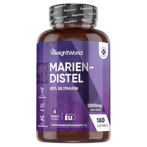 Mariendistel Kapseln - 2000mg Mariendistel Pulver - Mit 80% Silymarin Extrakt - 180 Stück für 6 Monate Vorrat - Vegan & Frei von Magnesiumstearat - Täglich 1 Kapsel - Milk Thistle - WeightWorld