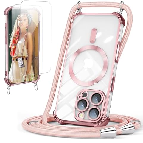 GOODVISH Etui ze smyczką na telefon komórkowy iPhone 16 Pro, etui z tasiemką, 2 sztuki folii ochronnej, etui na szyję z łańcuszkiem do 16 Pro 6,3", magnetyczne, przezroczyste, ochrona 360°, etui do