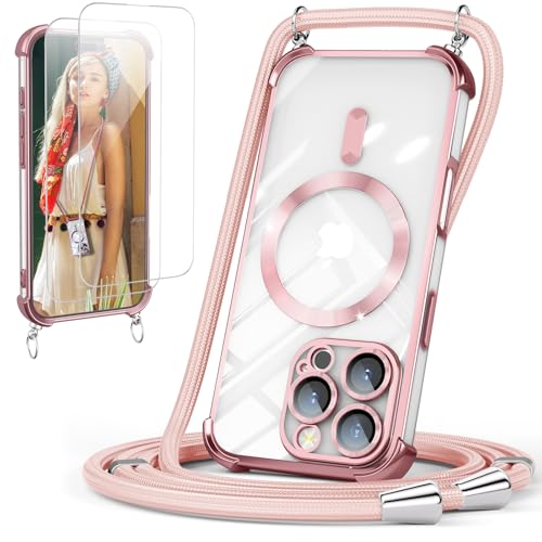 GOODVISH Etui ze smyczką na telefon komórkowy iPhone 16 Pro, etui z tasiemką, 2 sztuki folii ochronnej, etui na szyję z łańcuszkiem do 16 Pro 6,3", magnetyczne, przezroczyste, ochrona 360°, etui do