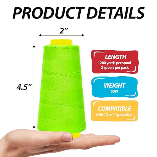 Image of Mandala Crafts Lime Green Mercerized Cotton Thread Cones, Sewing Quilting | 2400 Yds 50 WT, 100% Long Staple Cotton, Multipurpose, for Embroidery, Piecing, Sergers, Applique, Machine and Hand Sewing