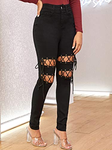 Floerns Women's Ripped Distressed High Waist Skinny Jean Pants Black-2 S #TOP3