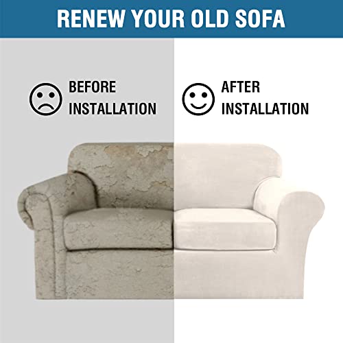 Real Velvet Plush 3 Piece Stretch Sofa Covers Couch Covers For 2 Cushion Couch Loveseat Covers (Base Cover Plus 2 Individual Cushion Covers) Feature Thick Soft Stay In Place (Medium Sofa, Ivory) #TOP4