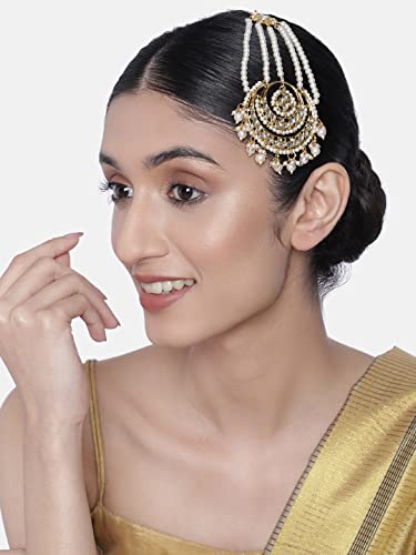 Image of Peora Gold-Plated Kundan Pearl Studded & Beaded Passa /Matha Patti Jewellery for Women & Girls