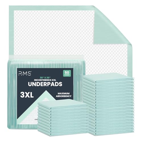 RMS BRANDS 50-Count Hospital-Grade Disposable Underpads 36" x 36", Ultra-Soft, Leak-Proof, Heavy-Absorbency Quilted Chux Pads, Incontinence Bed Pads for Adults, Seniors, Kids & Pets