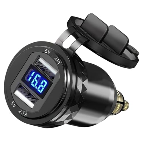 Alluminio QC 3.0 Adattatore Din a USB per Moto BMW, Dual USB Carica Cellulare per Auto Impermeabile con Voltmetro LED Display Digitale, per 12-24 Volt Barca Triumph e Altre Moto in Stile Europeo