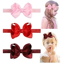 jollybows Hairband - 3 PCS 4" Baby Girls Headbands Boutique Grosgrain Ribbon Hair Bows for Baby Girls Infants Toddler Kids Teens and Children - Pink, Red, Burgundy