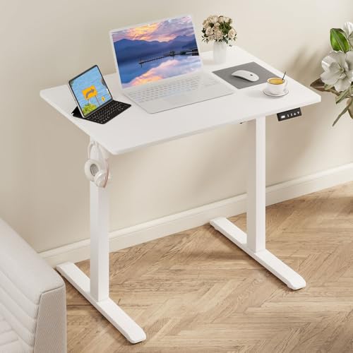 Levede Electric Standing Desk 90x60cm, Height Adjustable Computer Desk with 4-Button Memory Controller, Sit-Stand Desk with Hooks for Home Office, Gaming & Study Desk, White