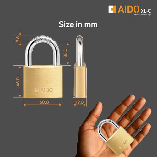 Image of AIDO by dormakaba Group 60mm Solid Brass Padlock | Lock for Main Doors, Home, Luggage, Cabinets, Lockers, Toolboxes | 4 Brass Keys | Double Bolt | Hardened Shackle | Water Resistant | 2 Yr Warranty