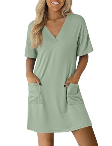 Ekouaer Nightgowns for Women Short Sleeve Sleep Shirt V Neck Night Gown With Pockets Soft Pajamas Dress Casual Sleepwear Light Green