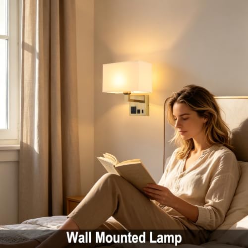 Image of Plug in Wall Sconces, Wall Lamp with Brass Base Square lampshade | Wall Lamps for Bedroom Bulb Included, Wall Mounted Lamp with 3 Color Temperature, Bedside Lamps with USB Ports and AC Outlet