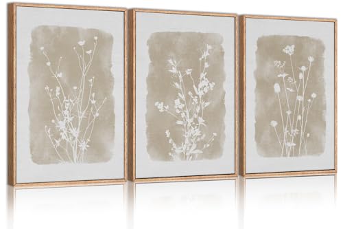 HPINUB Large Boho Wildflowers Canvas Framed Wall Art Set,Minimalist Vintage Flower Wall Decor,Beige Floral Botanical Artwork for Living Room Bedroom,Dining Room,Office -24"x36"x3