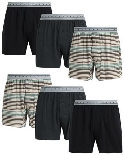 Lucky Brand Boxers for Men – 6 Pack Knitted Mens Underwear with Functional Fly - Classic Mens Boxers (S-XXL), Size Large, Jet Black/Stripe/Charcoal Heather Grey