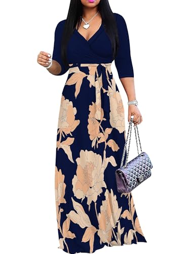 Image of Women's V Neck Floral Maxi Dress 3 /4 Sleeve Plus Size Boho Wrap Flowy Long Dresses with Belt