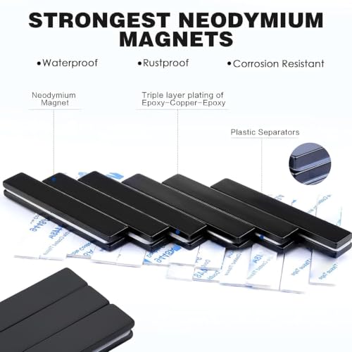 Image of MIKEDE 6 Pack Black Neodymium Bar Magnets Self Adhesive Backing 60x10x3mm