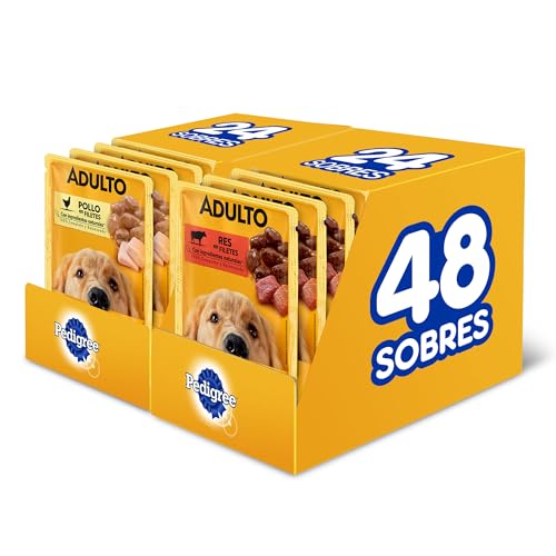 Pedigree - Sobres para Perro Adulto, 24 Sabor Res y 24 Sabor Pollo, Omega 6,...
