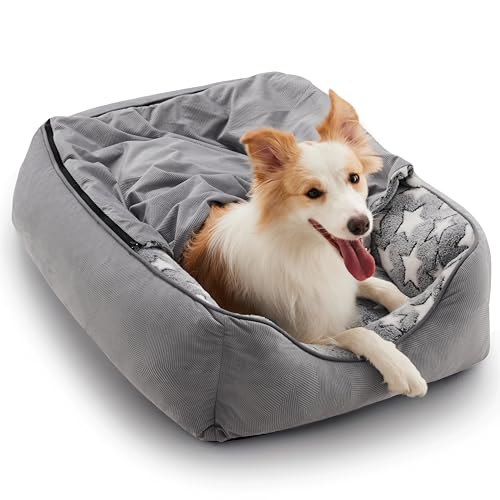 Heymamba Hundebett für große Hunde, Höhlen-Hundebett mit Abnehmbarer Decke, Flauschiges und Warmes Hundesofa, erhöhte Seiten, waschbar, geeignet für alle großen Hunde, 90x65x23cm