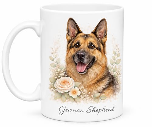 Image of Vacso Trading Dog Breed Floral Mug – Watercolor Dog Lover Coffee Mug – Border Collie Pug German Shepherd Golden Retriever Labrador Dachshund Ceramic Mug – 11oz White Mug (German Shepherd)