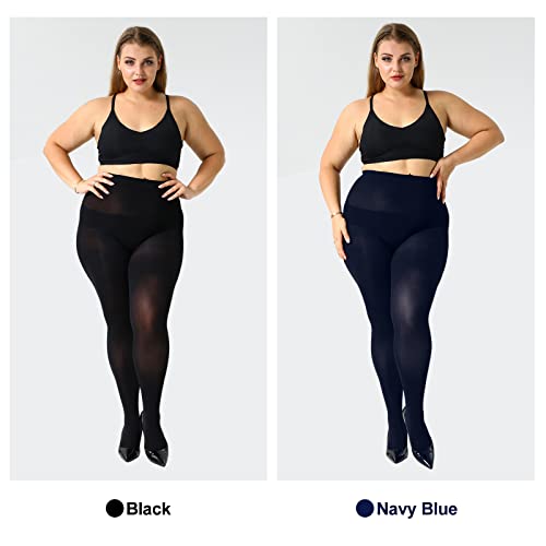 Image of Yilanmy 2 Pairs Plus Size Tights for Women 70D Semi Opaque Control Top Pantyhose Queen Size High Waist Stockings