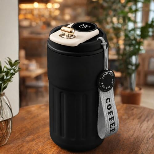 Image of Coffee Travel Mug with Smart LED Temperature Display - Made of 316 Stainless Steel- Leakproof Reusable Tea & Water Bottle for Office, Car & Outdoor with Carrying Loop - 460 ml