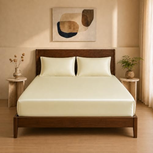 Image of HOMEMONDE 100% Bamboo King Size Fitted Bedsheet with 2 Pillow Covers | 300 TC Luxury Cooling Elastic Fitted Sheet | Ultra Soft, Breathable & Moisture Wicking | (Ivory, 78x72 Inches)
