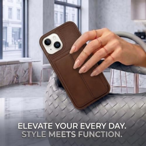 Image of amazon basics Luxury Vegan Leather Back Cover for iPhone 12 | Built-in Card Holder Slot | Integrated Mobile Stand | Slim Shockproof Protective Case with Stitched Finish - Brown