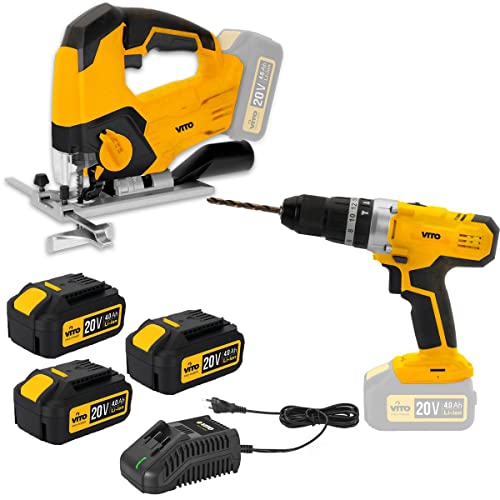 VITO - Pack 2 Outils sans fil 20V Scie sauteuse + Perceuse Visseuse + 2 Batteries 4.0 Ah + 1 Chargeur rapide