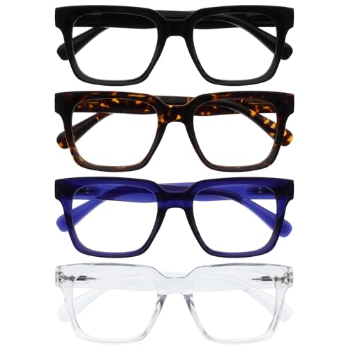 Image of OPULIZE ERA Blue Light Blocking Reading Glasses for Women & Men-Anti-Glare-UV400 Lenses-Oversized Frame-Computer Screen Glasses-Black Brown Blue Clear-+3.50(Pack 4 of with 4 Pouches)