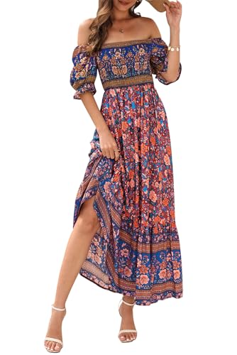 VEVESMUNDO Damen Sommerkleider Strandkleid Sommer Kurzarm Boho Strand Urlaub Kleid Off Shoulder Kleider Maxikleid mit Blumendruck Gr.36 38 40 42...
