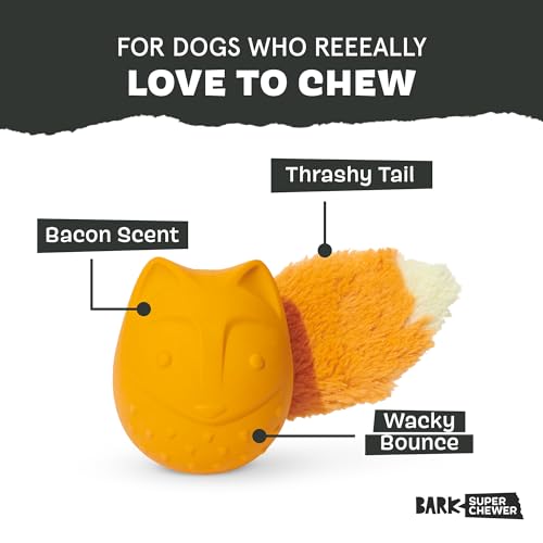 Image of BarkBox Franz The Fox Dog Toy | Natural Rubber, Bacon Scented, Thrashy Tail & Wacky Bounce | Dog Toy for Aggressive Chewers
