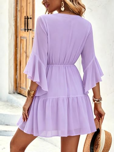 Image of Womens Spring Summer Mini Dress Western Ruffled Sleeve Chiffon V Neck Flowy A Line Short Wedding Guest Party Dresses