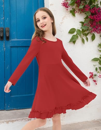 JiAmy Girls Dresses Fall Long Sleeve A Line Twirly Skater Ruffle Loose Casual Dress with Pocket2