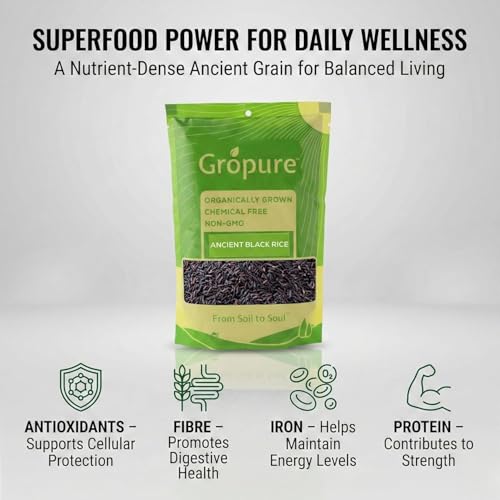 Image of GroPure Organic Black Rice 450g | Karuppu Kavuni Rice | Forbidden Rice | Ancient Black Rice | Karupu Gowni Rice | Hand Pounded Unpolished Rice | Chemical & Pesticide Free | Rich in Antioxidants, Protein & Iron